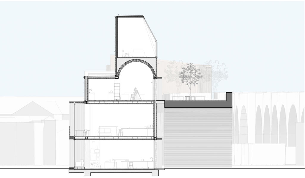 Construction section drawing of art studio with vaulted ceiling looking over Digbeth