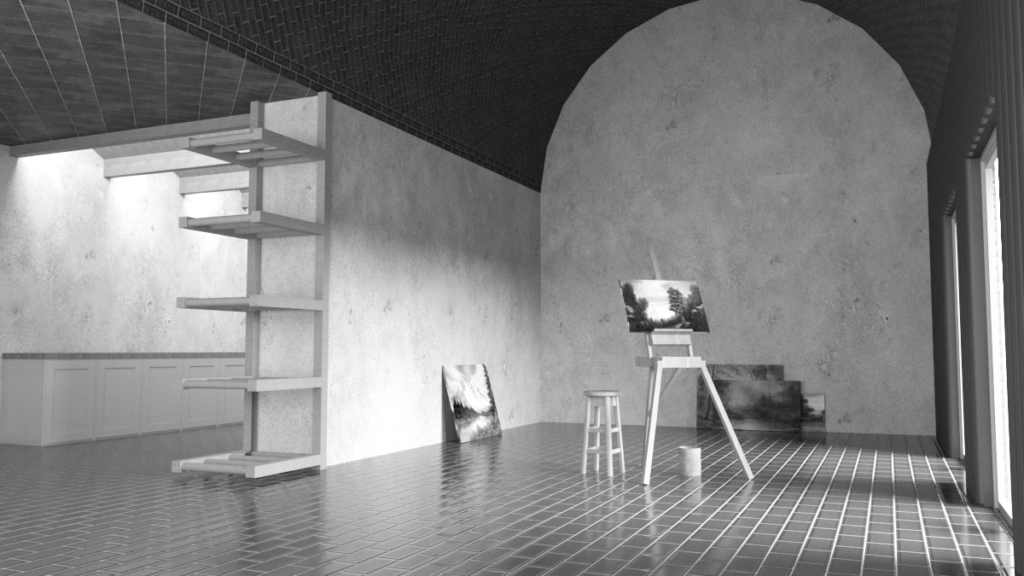 Internal CGI Render Visual of 3D Artist Studio model in Black and White